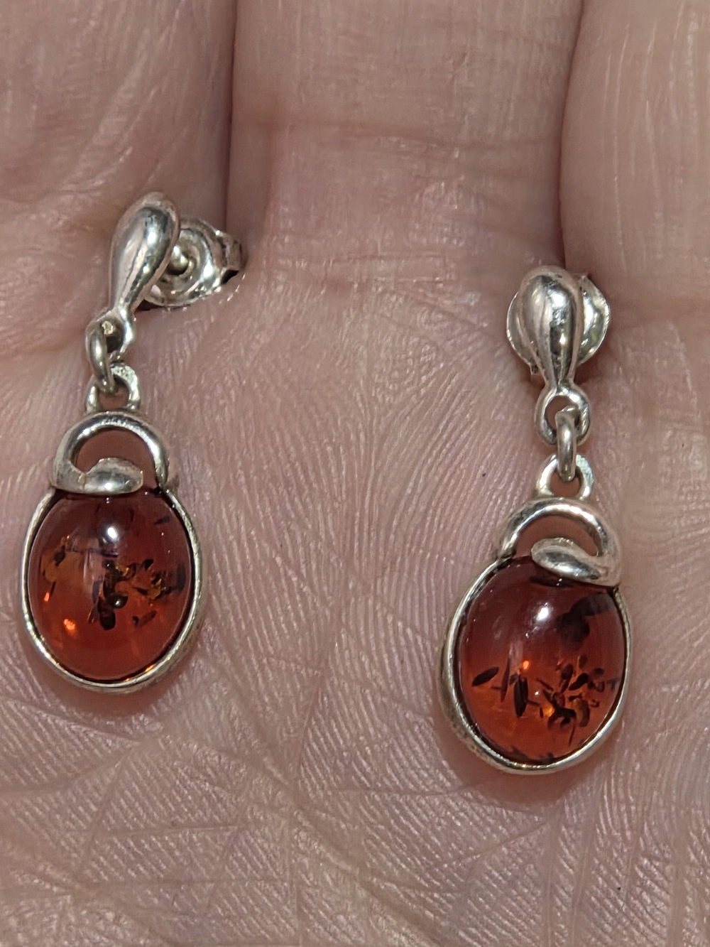 Sterling Silver Amber Drop Earrings - Deep Cognac Amber